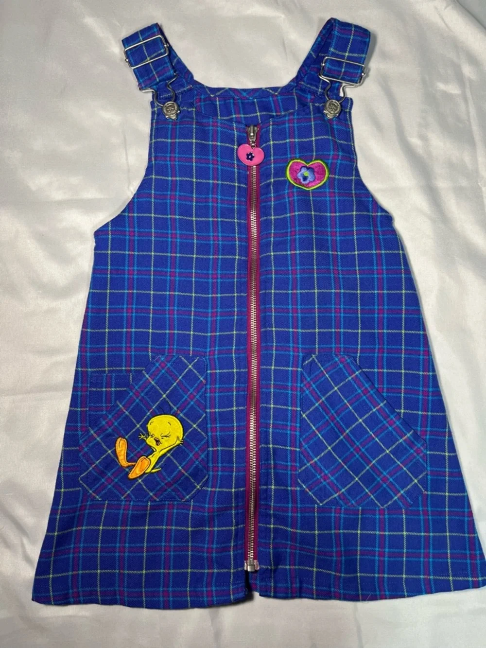 Vtg 1998 Looney Tunes Tweety Bird Plaid Overall Jumper Dress Girls Size 5 Zipper